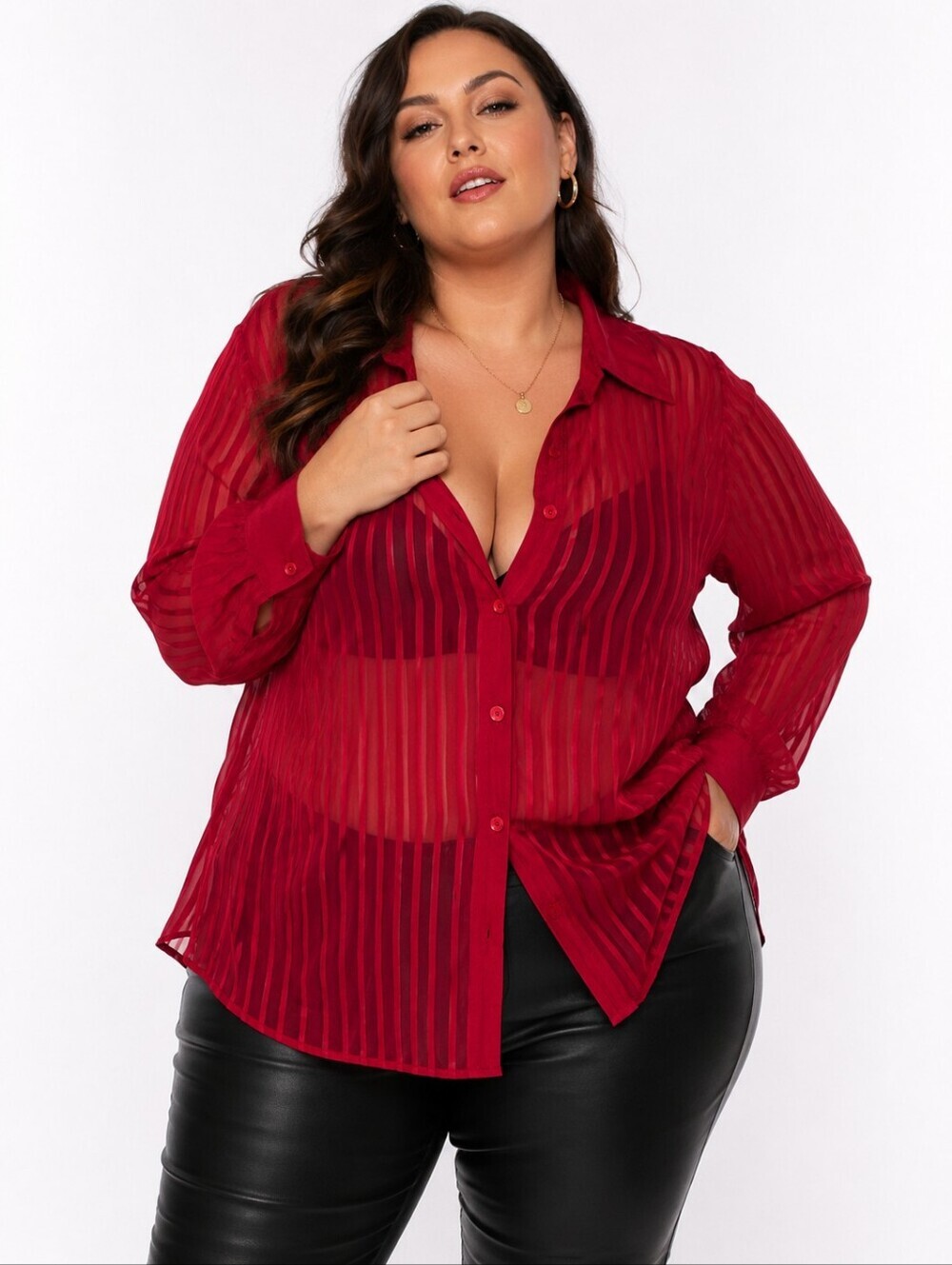 Venezia Jeans Red Sheer Stripe Button Front Blouse Plus Size 22/24